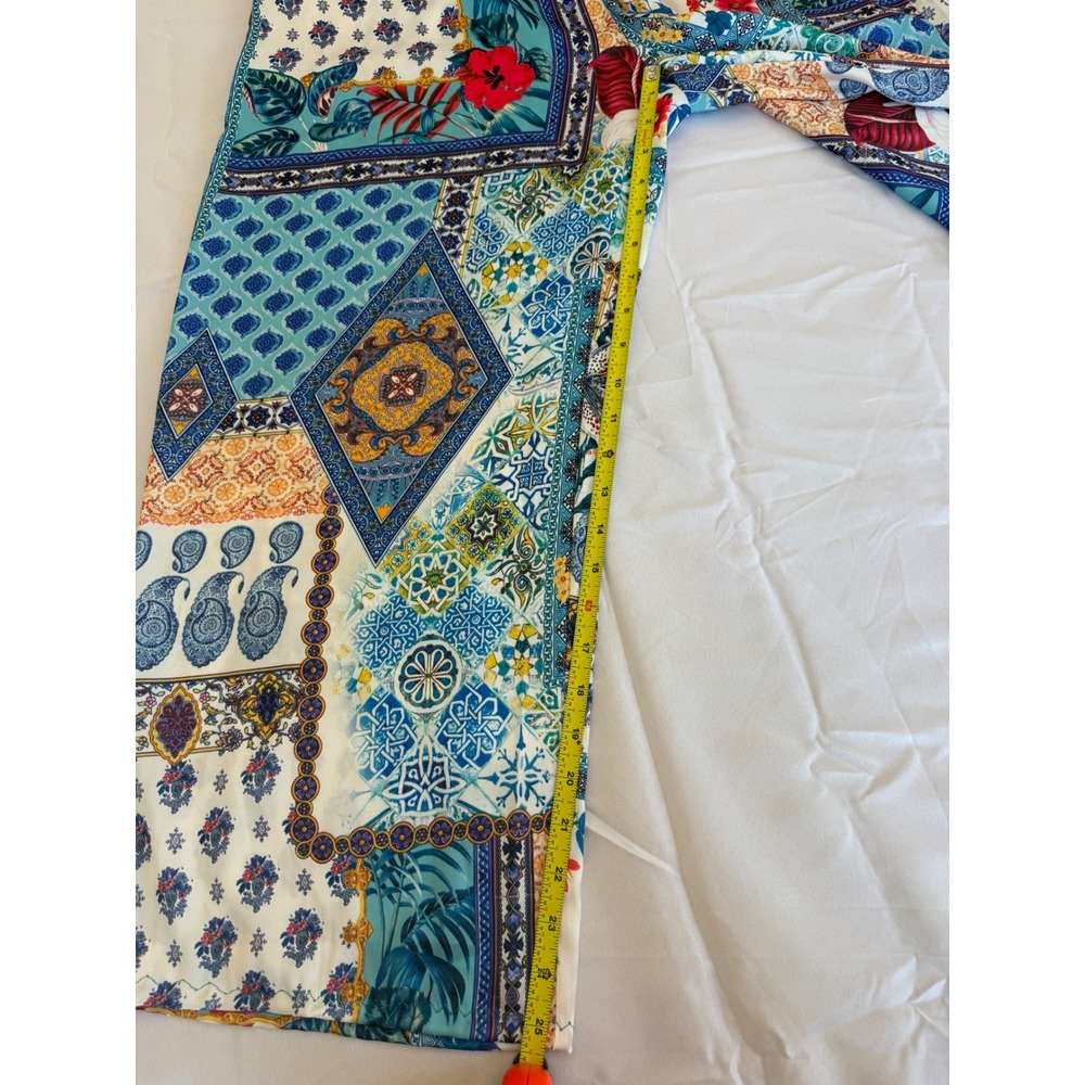 Porter Collective Womens Wide Leg Crop Pants L Blue Patchwork Floral Boho Crop - Picture 5 of 6